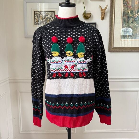 Vintage 90s Jordache Novelty Sweater Applique Embroidered Mock Neck Sweater M - Picture 1 of 10